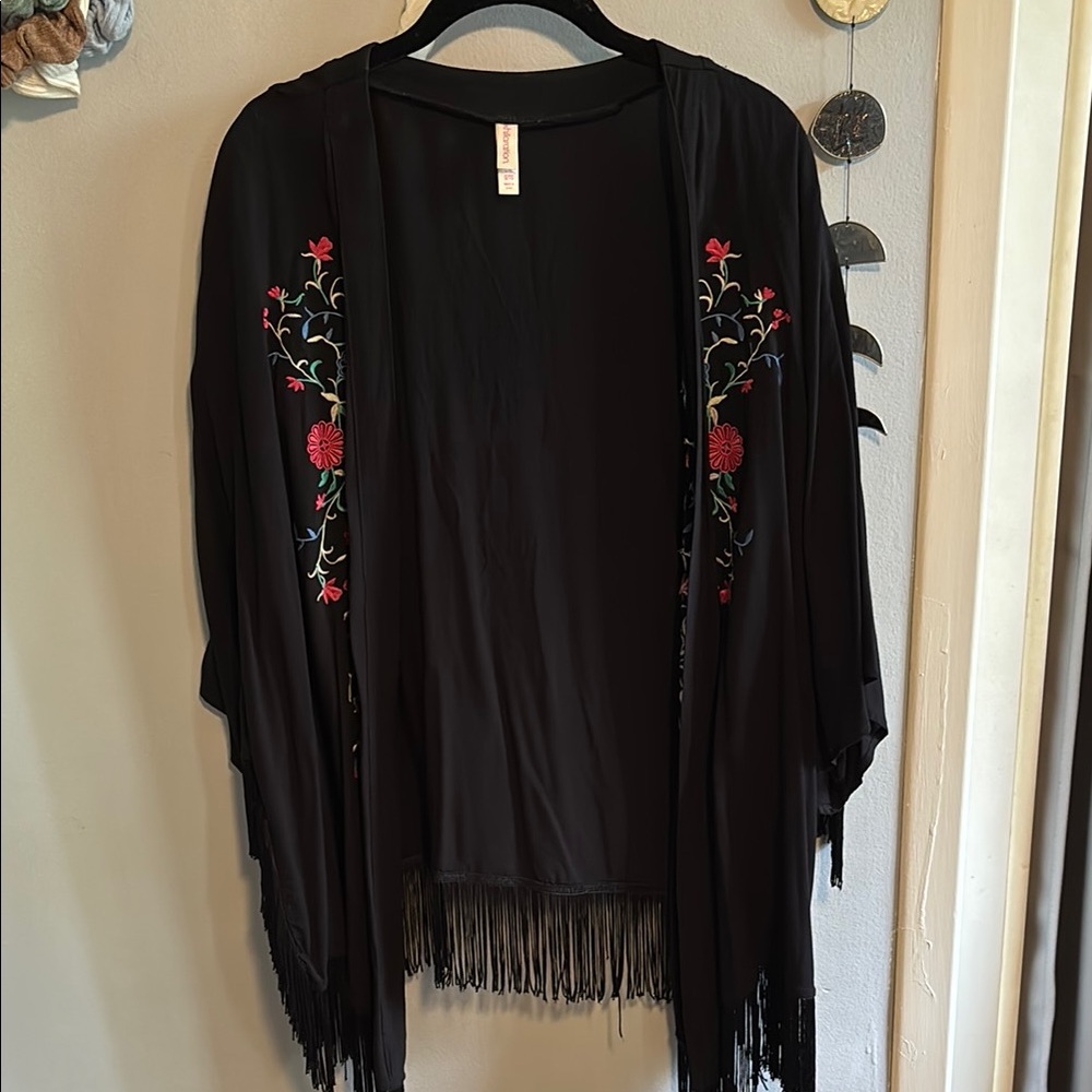 Xhilaration Black and Red Shrug with Fringe and Embroidery